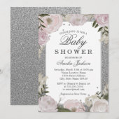 Invitation Fête bébé Fleurs Rose Pailleté Argent (Devant / Derrière)