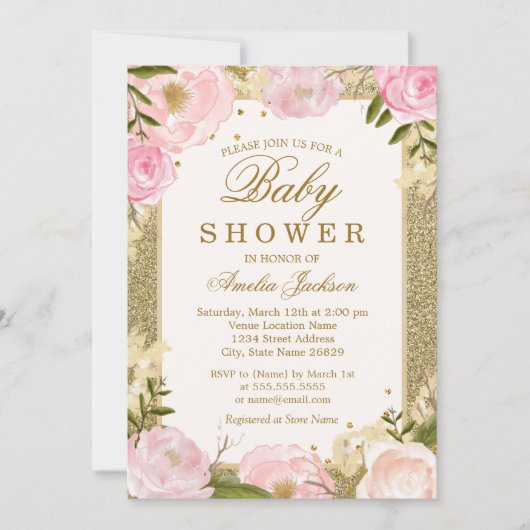 Invitation Fête bébé florale rose pailletée or (Devant)