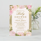Invitation Fête bébé florale rose pailletée or (Debout devant)