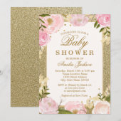 Invitation Fête bébé florale rose pailletée or (Devant / Derrière)
