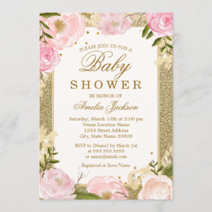 Invitation Fête bébé florale rose pailletée or