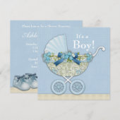 Invitation Fête Bébé Garçon Beige Bleu Bébé Poussette (Devant / Derrière)