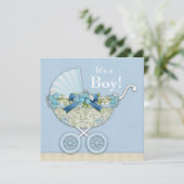 Invitation Fête Bébé Garçon Beige Bleu Bébé Poussette (Debout devant)
