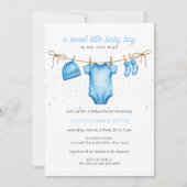 Invitation Fête bébé garçon corde à linge bleue (Devant)
