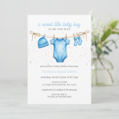 Invitation Fête bébé garçon corde à linge bleue (Debout devant)