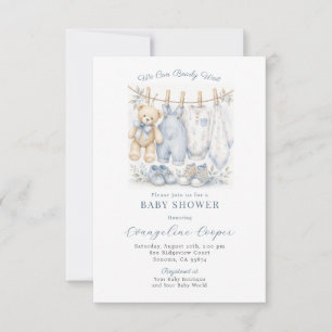 Invitation Fête bébé garçon ours en peluche corde à linge ble