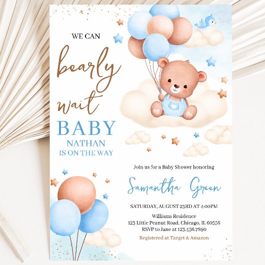 Invitation Fête Bébé Garçon Ourson Bohème Bleu