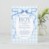 Invitation Fête Bébé Garçon Ruban Bleu  (Debout devant)