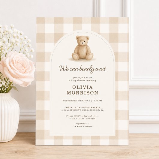 Invitation Fête Bébé Gingham Bearly Wait Mixte