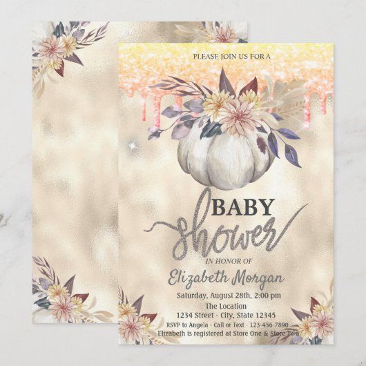 Invitation Fête bébé Glitter Drips Citrouille Aquarelle (Devant / Derrière)