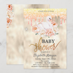 Invitation Fête bébé Glitter Drips Cygne Floral Aquarelle