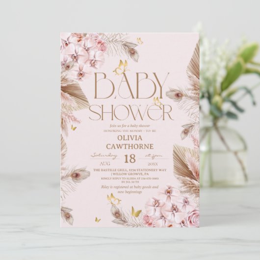 Invitation Fête bébé herbe des Pampas Boho (Debout devant)