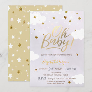 Invitation Fête bébé Lavande Étoiles Paillettes Dorées Nuages