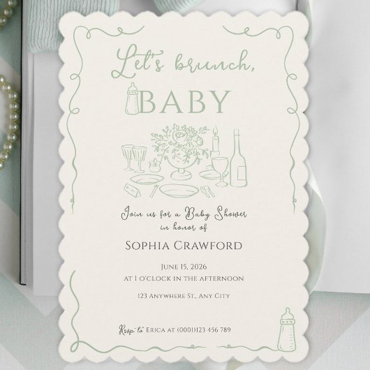 Invitation Fête Bébé Let's Brunch Doodle Sage Fantaisiste
