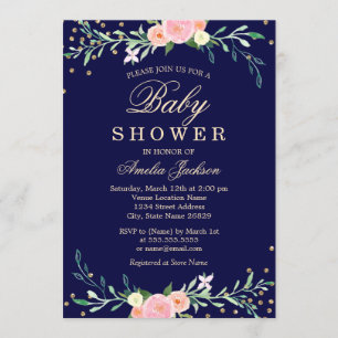 Invitation Fête bébé Navy Sweet Floral Sparkle Confetti