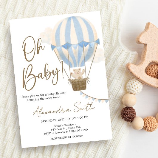 Invitation Fête bébé ours bleu bohème