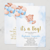 Invitation Fête bébé ours en peluche garçon (Devant / Derrière)