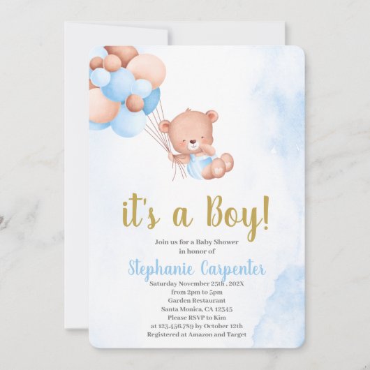 Invitation Fête bébé ours en peluche garçon (Devant)