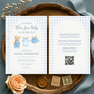 Invitation Fête Bébé Ourson en Jean Bleu Tout en Un