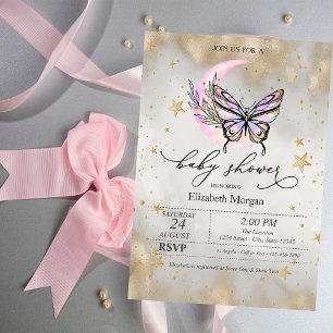 Invitation Fête bébé Papillon Lune Céleste Étoiles