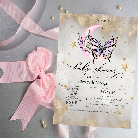 Invitation Fête bébé Papillon Lune Céleste Étoiles