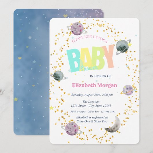 Invitation Fête bébé Planètes, Étoiles Galaxie (Devant / Derrière)