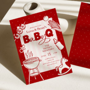 Invitation Fête Bébé-Q à pois roses et rouges pour couples Ba