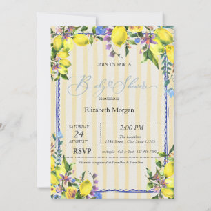 Invitation Fête bébé rayures jaunes citrons aquarelle