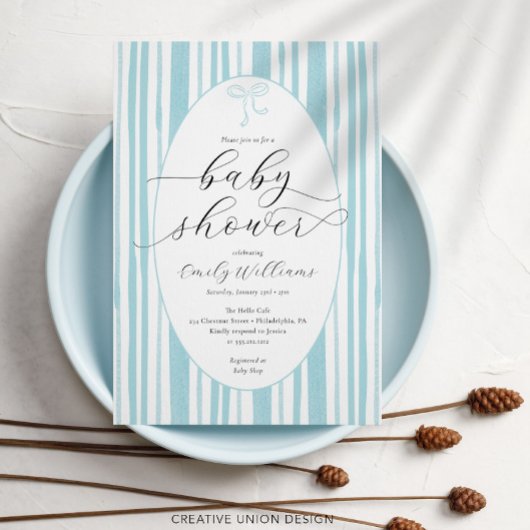 Invitation Fête bébé rayures peintes éclectiques bleues
