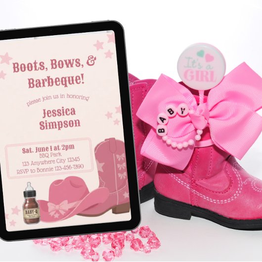 Invitation Fête bébé rose Boots Bows & BBQ