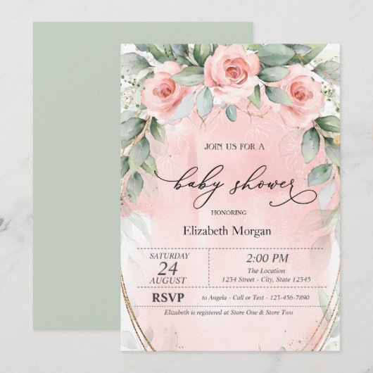 Invitation Fête bébé roses rose poudré (Devant / Derrière)