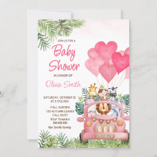 Invitation Fête bébé Safari Animaux Rose