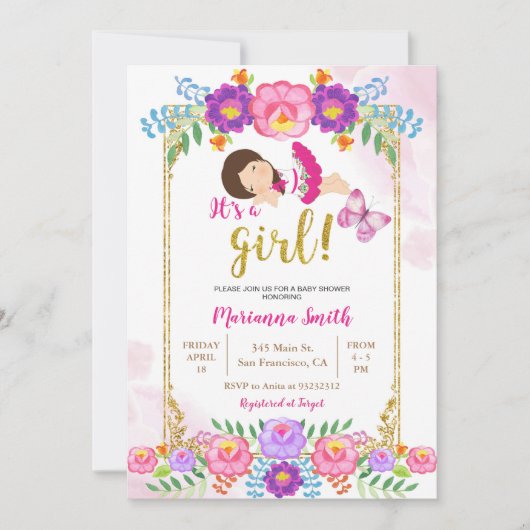 Invitation Fête bébé Shower Fleur Papillon Mexicaine  (Devant)
