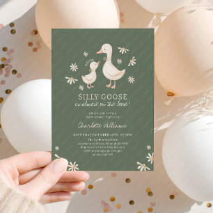 Invitation Fête bébé Silly Goose vert foncé à marguerite