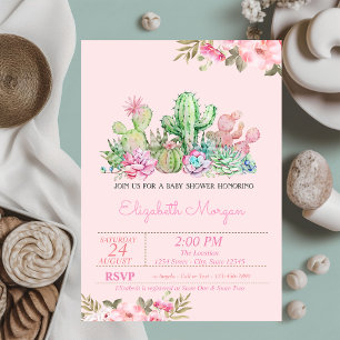 Invitation Fête bébé Succulent Aquarelle, Fleur