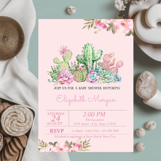 Invitation Fête bébé Succulent Aquarelle, Fleur