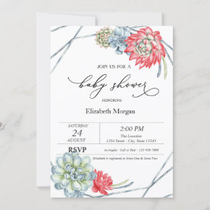 Invitation Fête bébé Succulents Rouges Aquarelle