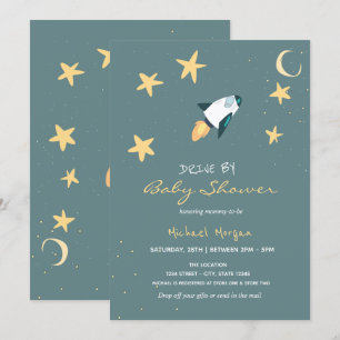 Invitation Fête bébé surprise en voiture fusée stellaire