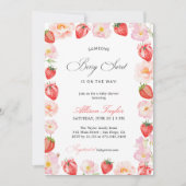 Invitation Fête bébé thème floral à ruban rose fraise (Devant)