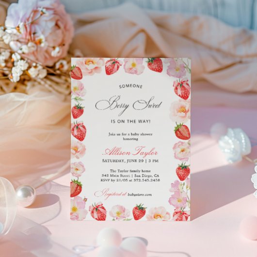 Invitation Fête bébé thème floral à ruban rose fraise