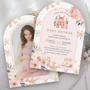 Invitation Fête bébé thème merveilleux hiver floral rose