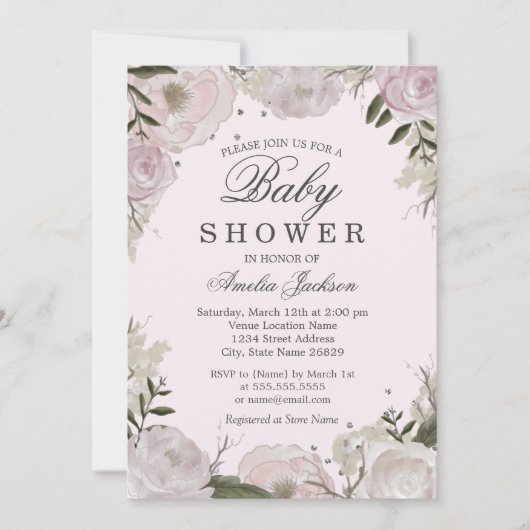 Invitation Fête bébé thème Rose Florale Argent Rose (Devant)
