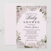 Invitation Fête bébé thème Rose Florale Argent Rose (Devant / Derrière)