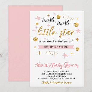 Invitation Fête bébé Twinkle Twinkle Little Star, Or Rose