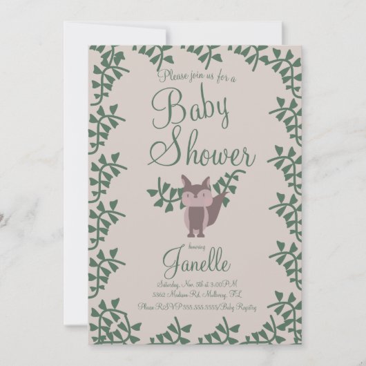 Invitation Fête bébé verdure renard de la forêt rustique (Devant)