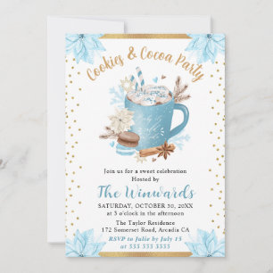 Invitation Fête Biscuits d'Hiver Bleus & Chocolat Chaud