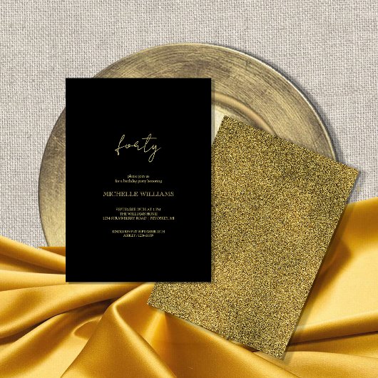 Invitation Fête Black And Gold Script Moderne