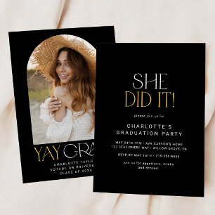 Invitation Fete Black Gold Moderne Elle L'A Fait Photo Gradua