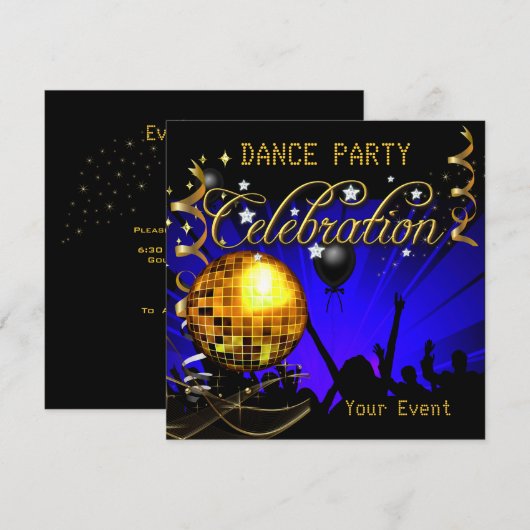 Invitation Fête Bleu Or Soirée Dansante Boule Disco (Devant / Derrière)