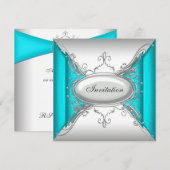 Invitation Fête Bleu Turquoise Argent (Devant / Derrière)